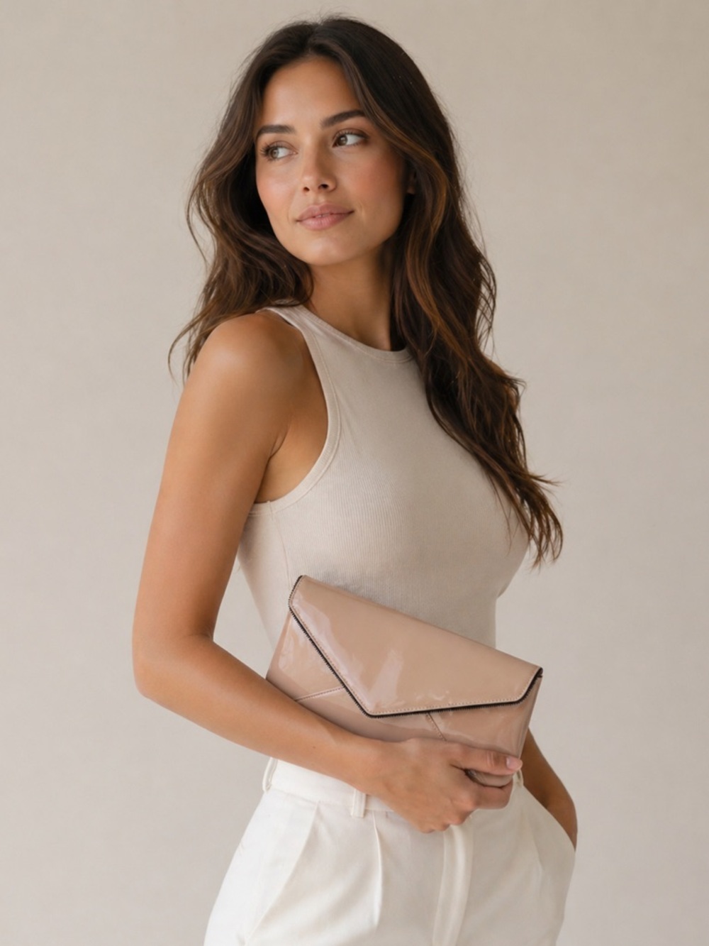La Diva Nude Patent Leather Envelope Clutch Crossbody Bag | Gunmetal Hardware - Picture 7 of 17